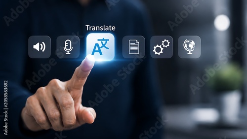 Person finger touching virtual translate button on digital interface screen.
