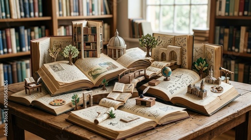 Books Whimsical Library World Built from Open Pages on a Wooden Table