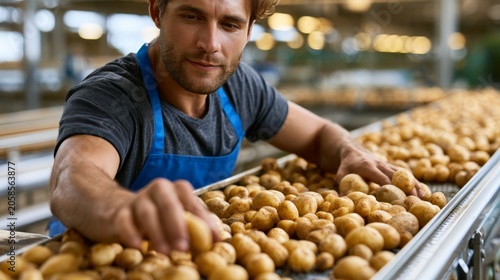 Man sorts and packs potatoes in a warehouse during a busy day of harvest processing in the afternoon