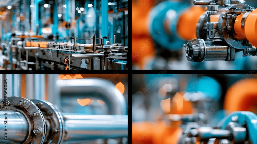 Fototapeta premium Close-up views of industrial pipes and machinery in a factory setting during daytime operations showing various components and structures
