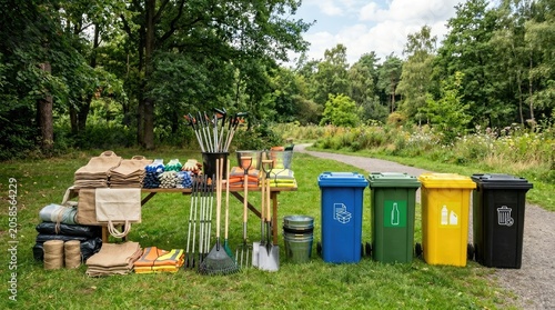 Garden Tools and Recycling Bins in Park Setting for Outdoor Projects