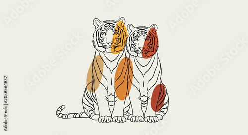 Two Stylized Tigers Sitting Together Artistic Illustration.
