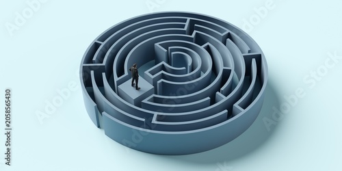 Quadro su tela Business man standing on top of a round maze or labyrinth with question mark sha
