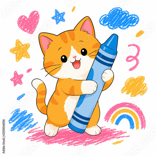 Playful kitten with a giant crayon