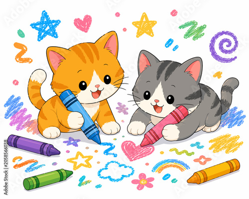 Kittens creating colourful crayon art