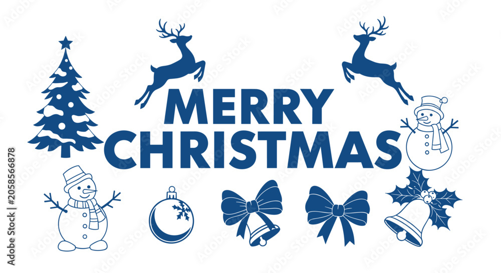 Fototapeta premium Blue silhouette typography design for Merry Christmas with reindeer, snowmen, holiday bells, and pine trees.