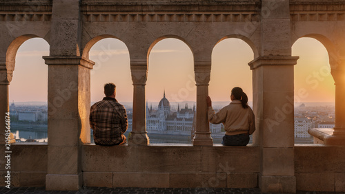 Stunning sunset view over Budapest from Fishermans Bastion with friends