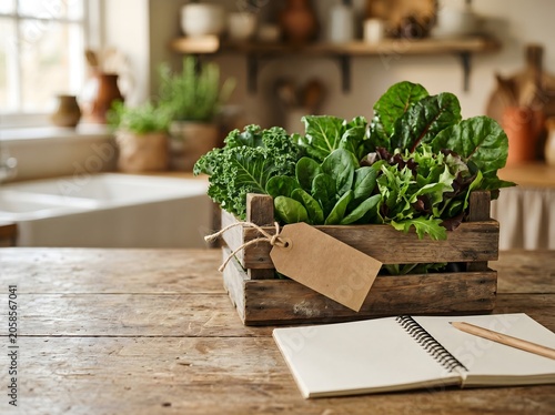 Fresh leafy greens in a wooden crate with a blank kraft tag, notebook, and pencil on a rustic kitchen table for food traceability, farm-to-table supply chain, and produce records.