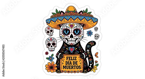 Colorful Day of the Dead Cat Wearing Sombrero with Sugar Skull Face on White Background