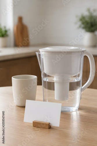 A calm kitchen table scene with a filtered water pitcher, small cup, and blank reminder card in soft morning light, representing clean water, hydration, and healthy home routines.
