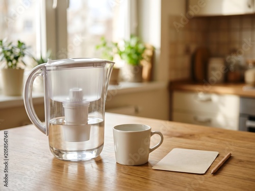 A warm home kitchen scene with a water filter pitcher, plain cup, blank note, and pencil on a wooden table for hydration, clean drinking water, and daily wellness content.