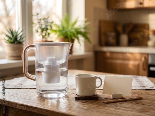 A cozy kitchen table scene with a filtered water pitcher, cup, blank card, and pencil in warm sunlight, suggesting healthy hydration, clean water, and home wellness habits.