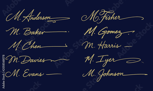 Tableau sur toile Vector set of elegant golden signatures and autographs starting with the initial letter M on a dark blue background