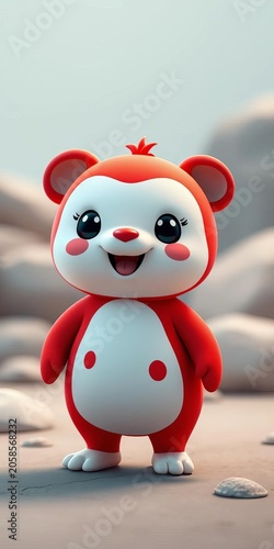 Animated cartoon puppy outlined in red with white base and red spots happily stands, spots, white