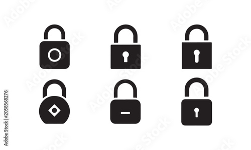 Assorted padlock icon shapes illustrating different locking mechanisms and lock styles.