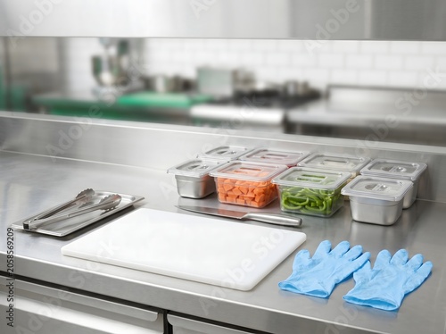 A professional kitchen counter arranged with a clean cutting board, separate utensils, blue gloves, and covered ingredient containers for allergen management, food safety, and prep hygiene.