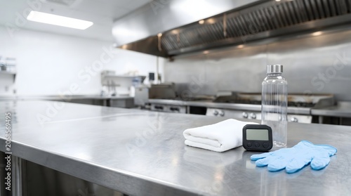 A clean commercial kitchen counter arranged with a refillable water bottle, folded cooling towel, timer, and blue gloves for restaurant worker heat safety and hydration breaks.