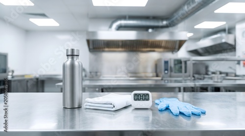 A professional restaurant kitchen heat protection setup with a metal water bottle, folded towel, small timer, and blue gloves on a stainless counter for worker safety training.