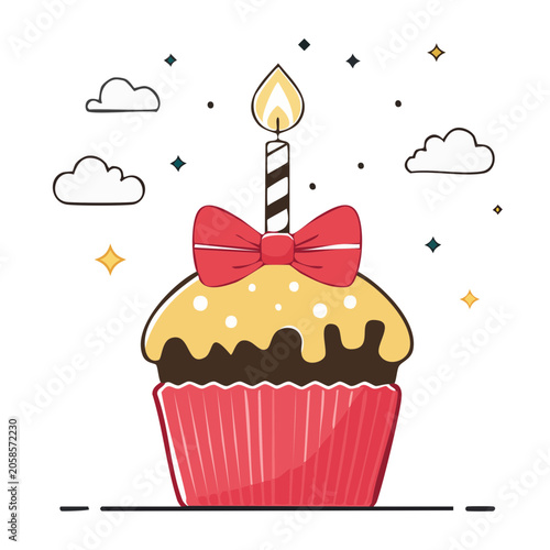 Birthday Cupcake with Candle and Bow Illustration