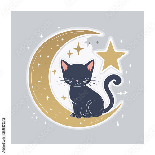 Black Cat Sitting on Crescent Moon with Star