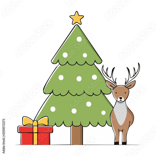 Cartoon Reindeer and Christmas Tree with Gift Box