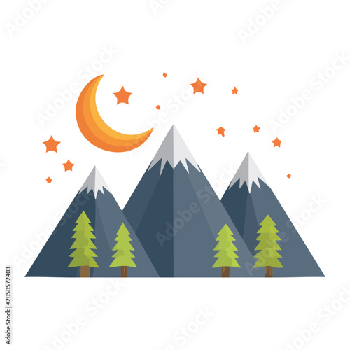 Flat design mountain landscape with moon and stars