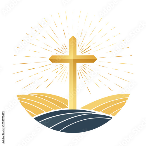 Golden Christian Cross with Sunburst and Landscape