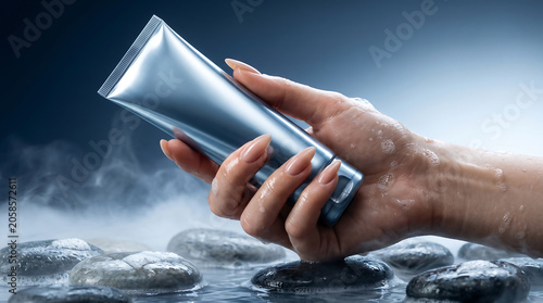 Female Hand Holding Elegant Metallic Blue Cosmetic Tube Over Wet Zen Stones With Splash And Steam Background