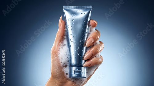 Hand holding blue metallic cosmetic tube with soap bubbles and water droplets for cleansing routine on studio background