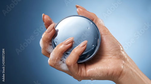 Female hand holding a round blue soap bar with lather foam on a blue background