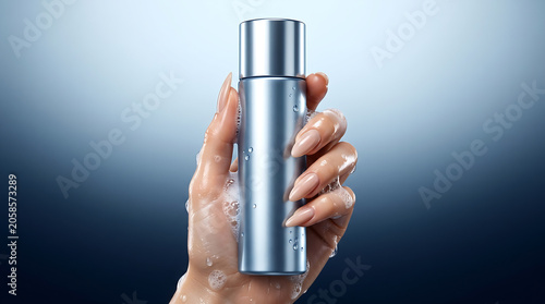 Hand holding a sleek silver bottle with water droplets, suggesting skincare or cosmetic product