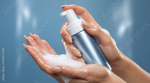 Woman cleansing her hands with a gentle moisturizing foaming soap for daily skincare routine and hygienic hand care protection