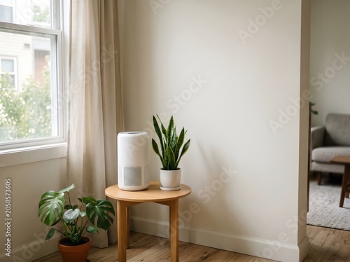 A calm apartment corner with an unbranded portable air purifier, indoor plants, window light, and a small table for indoor air quality, rental wellness, and clean home living.