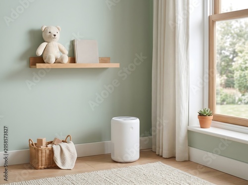 A soft child bedroom corner with a compact unbranded air purifier, stuffed animal, shelf, baskets, and window light for parenting, allergy prevention, and healthy home content.