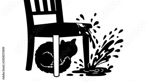 Valokuva A black cat sitting under a chair with a spilled liquid splash.