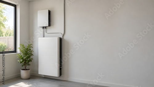 A modern utility room with a wall-mounted home battery system, inverter box, conduit, window, and indoor plant, representing residential energy storage, backup power, and home electrification.