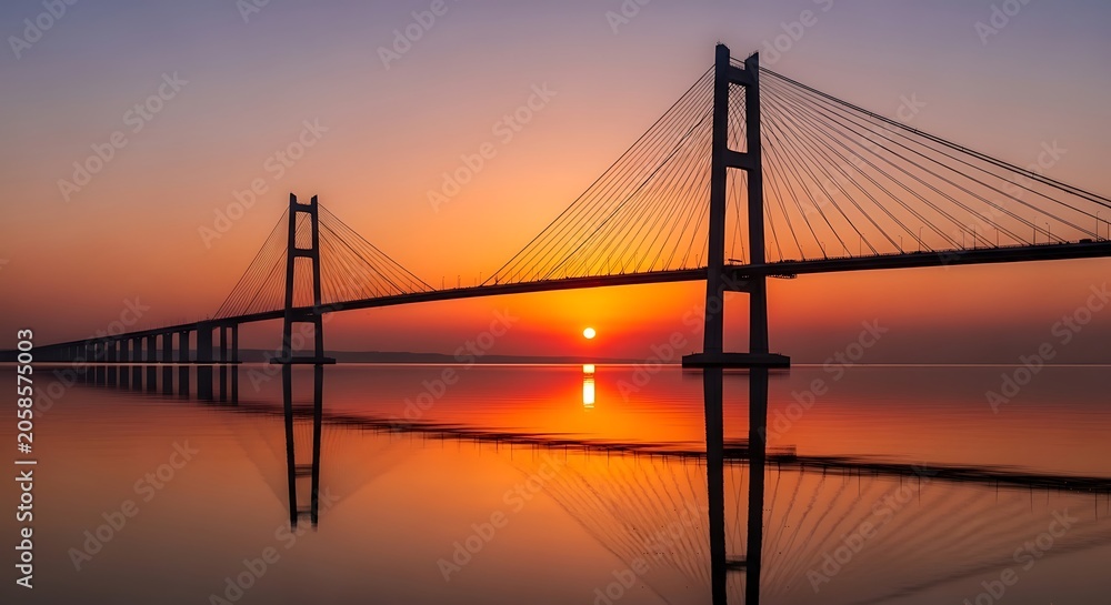 Obraz premium Sunset over a large suspension bridge.