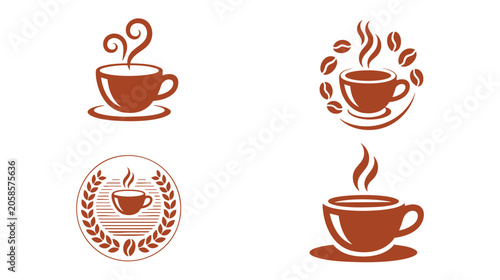 Coffee Cup Icons Set with Steam Swirls, Coffee Beans Wreath, and Warm Brown Vintage Style Vector Graphics