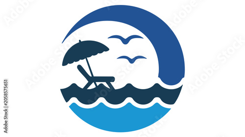 Earth Globe Icon with Waves, Palm Tree and Seagulls, Blue Coastal Design for Travel and Nature Branding