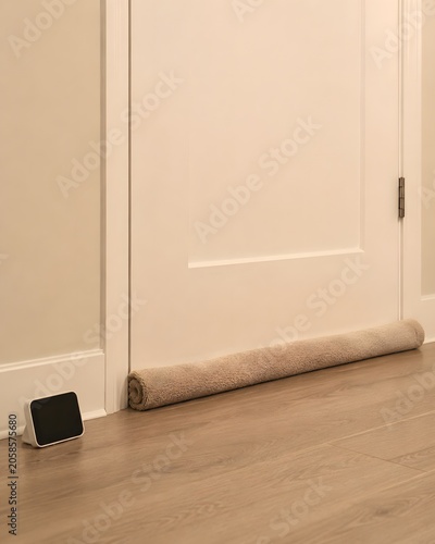 A rolled towel placed along the bottom of an apartment door with a small air quality monitor nearby, showing indoor air quality, smoke preparedness, and simple home safety steps.