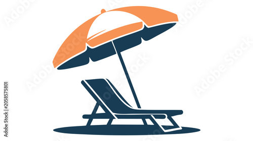 Umbrella and Sun Lounger Icon with Orange Canopy and Dark Blue Shading on White Background Featuring Lounge Chair, Vacation, Summertime with Beach