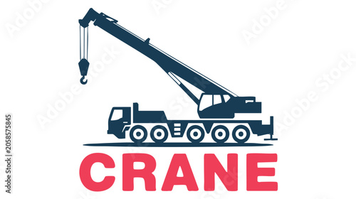 Crane Truck Icon with Blue Silhouette and Red Crane Wordmark for Construction Logo Design Vector Featuring Lifting, Heavy Equipment, Signage