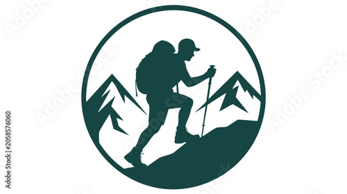 Mountain Hiker Silhouette with Trekking Poles, Dramatic Landscape Arrow Peaks and Circle Badge Vector Icon
