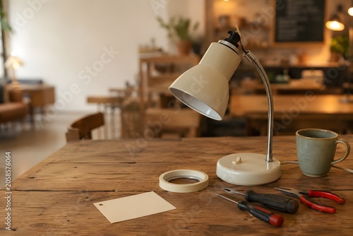 A warm workshop table with a desk lamp, simple repair tools, tape roll, mug, and blank card for small appliance repair, right-to-repair, reuse, and sustainable product care.