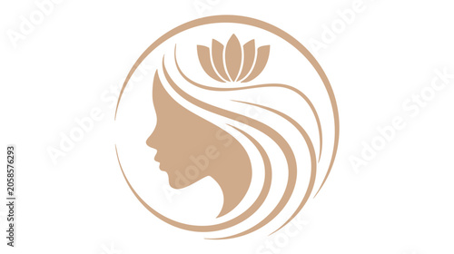 Lotus Flower and Woman Profile Logo Icon with Flowing Swirl Lines in Warm Beige and White Featuring Spa, Yoga, Meditation with Mindfulness