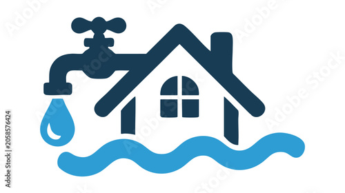 Water Tap and Flowing Waves Over House Icon with Door and Window, Blue Gradient Pattern for Utilities and Plumbing Services