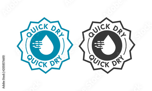 Billede på lærred Circular badge stamp design featuring a water droplet icon with lines indicating speed and evaporation, labeled with text Quick Dry