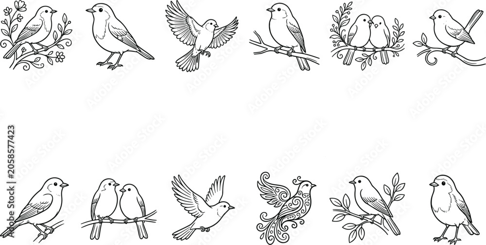 Fototapeta premium Cute bird line art illustrations collection featuring hand drawn sparrow sketches flying songbirds and decorative floral patterns on white background