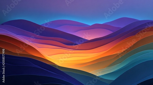 Abstract papercut mountain landscape featuring vibrant multi-layered rolling hills in shades of purple, orange, and blue under a soft twilight sky for modern design