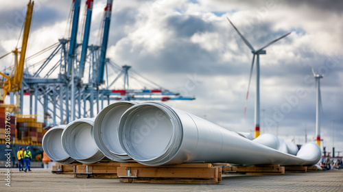 Wind turbine tower sections stored at industrial port for offshore wind farm construction and logistics